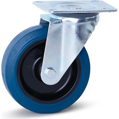 Roulette pivotante - MESO - Caoutchouc élastique bleu - 125mm - 180kg - Platine (1/2)