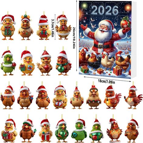 Calendrier de l'Avent 2026 - 24 décorations suspendues uniques en acrylique 2D avec des poussins de Noël au style cartoon - Compte à rebours de 24 jours pour décorer le sapin et offrir des cadeaux sur (1/5)