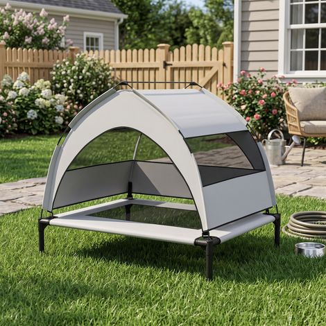 Lit pour Chien Surélevé Tente pour Chien avec Auvent Tente 3 Côtés Respirant Textilène Sac 76x61x70cm Gris Clair (1/5)