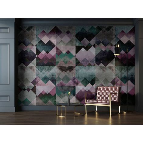 Papier peint panoramique vert, violet et gris | Tapisserie panoramique tendance pour salon | Papier peint panoramique géométrique moderne - 270 x 400 cm (4 pièces) (1/4)