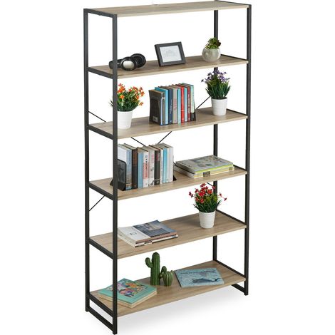 Relaxdays Librería Estantería Industrial con 6 Baldas, Aglomerado/Metal, Marrón, 180 x 95 x 35 cm (1/5)