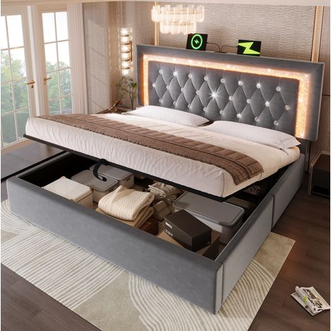 Polsterbett 140x200 cm Samt Doppelbett mit LED-Diamantstreifen im Kopfteil, USB & Type-C Ladestation, hydraulischem Stauraum, Jugendbett mit Lattenrost, modernes Funktionsbett, Grau(Mit Matratze) (1/5)