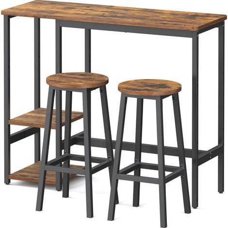 Ensemble Bistrot 3 Pièces, Table avec Étagères, Chaises de Cuisine, Structure en Acier, pour Salon, Marron et Noir