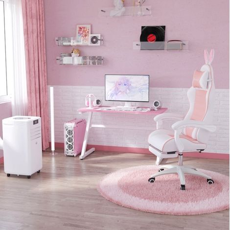 Ergonomischer Gamingstuhl neigbar mit Fußstütze, abnehmbaren Kissen, Kunstleder Rosa OKWISH (1/5)