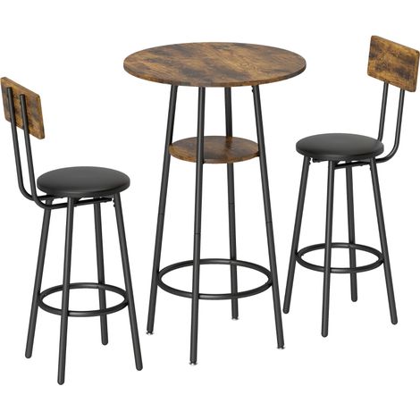 Industrie-Bartisch-Set mit 2 gepolsterten Hockern, Fußstützen, Metallrahmen, Küchentisch mit Ablage, Rustikal Braun (1/5)