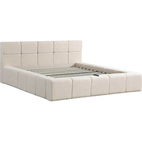 Lit LED HOME DELUXE en tissu Teddy avec espace de rangement – Beige, 160 x 200 cm  Lit rembourré avec éclairage et matelas pour un confort de sommeil moderne