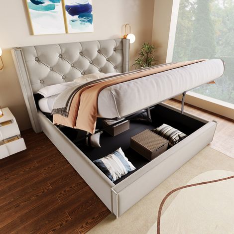 Letto matrimoniale 160x200 cm grigio chiaro in cotone con contenitore idraulico (1/5)