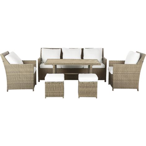 Conjunto de jardín 5 plazas de ratán sintético marrón sofás 2 sillones mesa 2 otomanas cojines blancos comedor exterior Fonti (1/5)