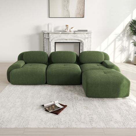 Canapé d'angle, canapé 3 places avec accoudoirs incurvés, 3 coussins, 1 repose-pieds, en velours, vert (1/5)