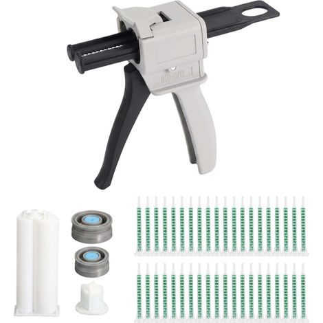 Pistolet à colle époxy AB, 1:1 Pistolet a Colle 50ML, Pistolet à Colle Set, 50ml Pistolet Distributeur Époxy, Blanc cassé, seringue de mélange 83 mm 50 pièces, 50 ml-1:1, légère, flexible, durable (2: (1/5)