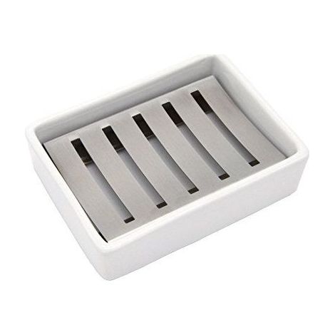 Porte-savon en céramique et acier inoxydable avec égouttoir pour salle de bain et douche (1/4)