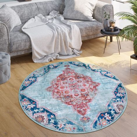 Paco Home Tapis Salon Chambre Adulte Tissage Plat Moderne Oriental Marocain Vintage Lavable Turquoise, 160 cm rond (1/4)