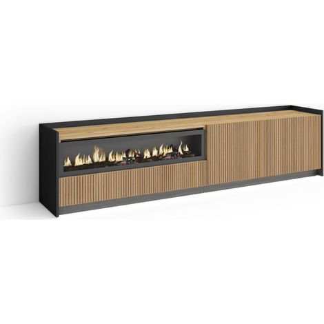 Skraut Home - TV-Schrank, Lowboard, für Wohnzimmer und Esszimmer, 207x50x37 cm, Für TV-Geräte bis zu 80", Elektrokamin., Led, Moderner Stil, Eiche Schwarz (1/4)