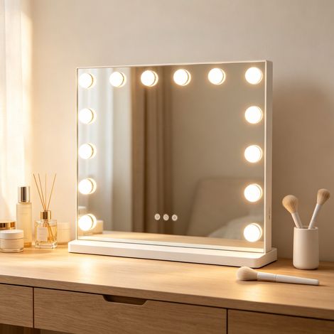 Espejo Maquillaje LED 50x42 cm – Hollywood Luz 3 Colores Regulable, Aumento 10x Desmontable, Pared y Mesa Blanco (1/5)