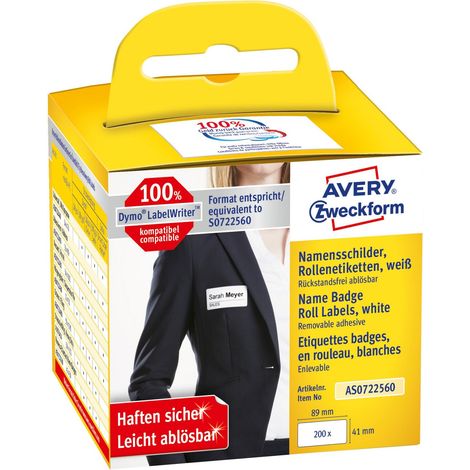 Avery-Zweckform AS0722560 Rotolo di etichette 41 x 89 mm Pellicola Bianco 200 pz. Staccabile Etichetta per nome (1/5)