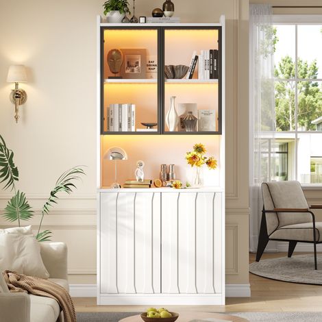 Vetrina led 80x35x200cm - Mobile vetrina soggiorno credenza alta con ante in vetro temperato e scomparto aperto per cucina studio ingresso - Bianco (1/5)