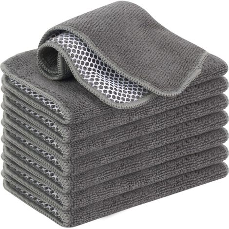 Lot de 8 torchons en Microfibre lavables avec côté abrasif en Poly-Maille, pour la Cuisine, 20 cm x 20 cm (Gris) (1/5)