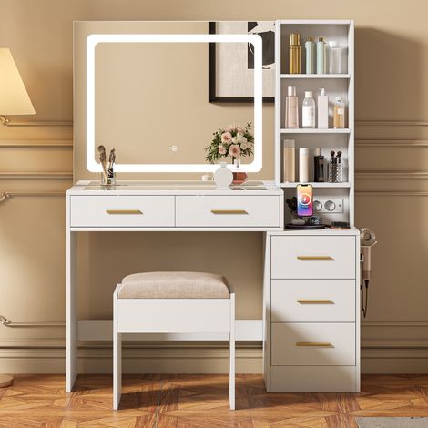 Schminktisch mit verstellbarem LED-Spiegel, Ladestation und Hocker, modern, Holz & Glas, Weiß