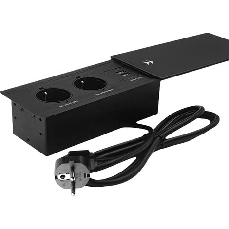 Prise de table, encastrée, avec 2 prises + USB + type C, en aluminium, noir, pour bureau, cuisine, bureau, câble de 1,8 m (1/5)