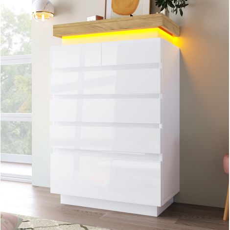 Cassettiera in truciolare bianco lucido con 6 cassetti, LED con controllo app, 73 x 39 x 115 cm (1/5)