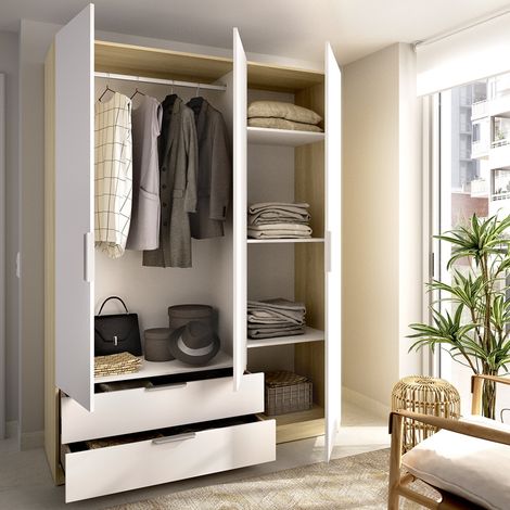 3-Türenschrank Mayos, Kleiderschrank mit Kleiderstange, 2 Schubladen, 3 Einlegeböden, 51x137 cm Weiß (1/5)