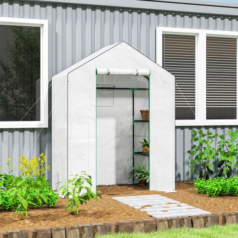 Invernadero 143 x 74 x 190 cm con puerta enrollable, ventanas, estanterías, estructura invernal de acero y lona - Blanco
