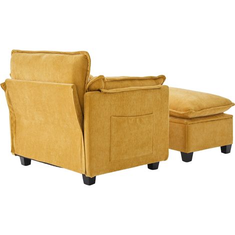 Sillón moderno grande con otomana de chenilla amarilla y bolsillo lateral (1/5)