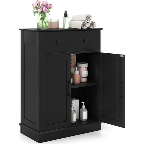 Meuble bas de rangement noir avec tiroir, porte, étagère réglable et dispositif anti-basculement pour salle de bain et salon (1/5)