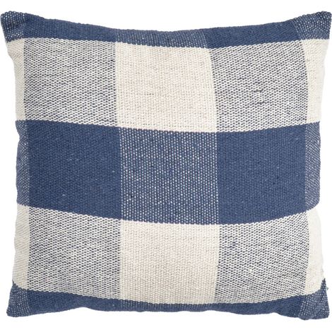 Coussin carré 40 x 40 cm coton brodé avec carreaux bleu – ATLAS (1/5)