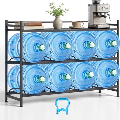 VEVOR Wasserkrughalter 3-Stufig, 4 Reihen, für 8 Flaschen, Wasserkrugregal mit Ablagefach, Wasserspenderregal, Wasserflaschenregal Wasserbehälterregal für Küche, Büro & Wohnzimmer, Schwarz (1/5)