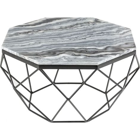Beistelltisch NEXORA 70 cm aus grauem Marmor und schwarzem Metall mit geometrischem Design