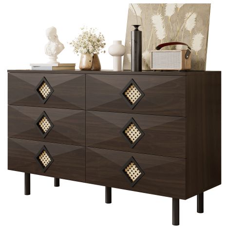 Élégante coiffeuse à 6 tiroirs avec poignées en rotin – Pour chambre et salon – Rangement pratique et stabilité – Idéale pour votre intérieur