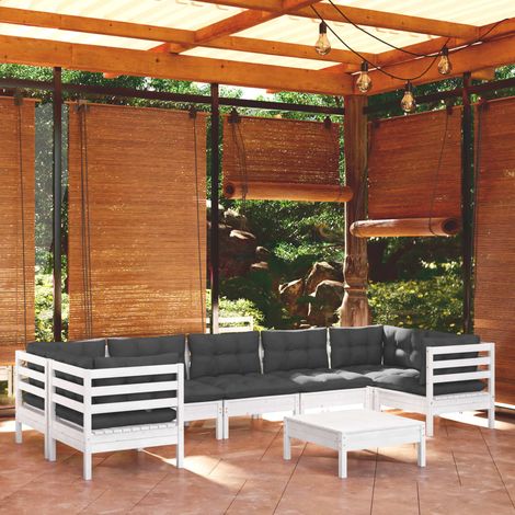 Salon de jardin 8 pcs Ensemble Table et Chaise de Jardin - avec coussins Blanc Bois de pin BV839072 - BonneVie (1/5)