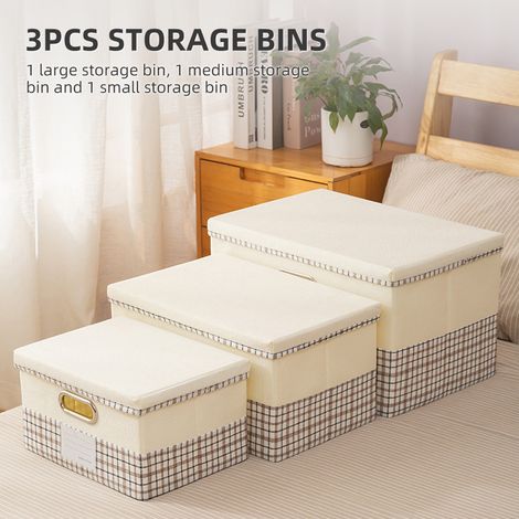 [Set de 3 Bacs de Rangement] + [No Brand] + [Modèle Collapsible avec Couverture] + [Cotton Linen Beige à Carreaux] + [Grand, Moyen, Petit pour Dressing, Bureau] (1/4)