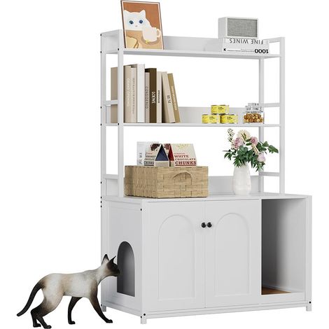 Bac à litière pour chat avec étagères, meuble en bois dissimulé avec 2 portes, abri d'intérieur pour chat avec griffoir,  avec la plupart des présentoirs de rangement pour chats - Blanc (1/5)