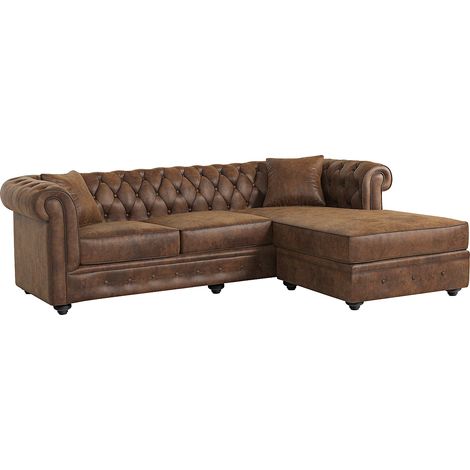 Canapé d'angle chesterfield réversible TOLEDO en microfibre vieillie - Marron (1/5)