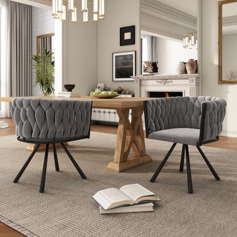 Samt-Esszimmerstuhl, 2er set, einzelner heller Luxus-Wohnzimmer-Schlafzimmer-Drehstuhl, Freizeit-Drehstuhl mit vier Stützbeinen aus Metall, grau[OLD SKU:WF310494AAG]