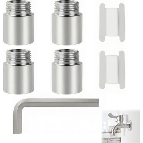 4 Pièces Rallonge de Robinet 1/2", Rallonge filetée pour valve d'angle - Rallonge de pommeau de douche - Raccord de robinet de jardin (Acier inoxydable, 1/2" x25mm(4PCS) + Clés allen sphérique) (1/5)
