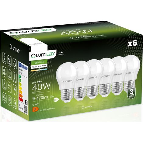 6x LED-Lampe E27 Kugel P45 5W = 40W 470lm 4000K Neutral 180° LUMILED