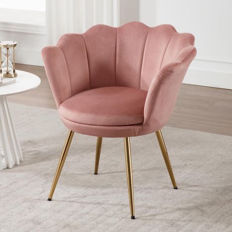 Fauteuil velours rose pieds dorés forme pétale salon chambre facile à monter (1/5)