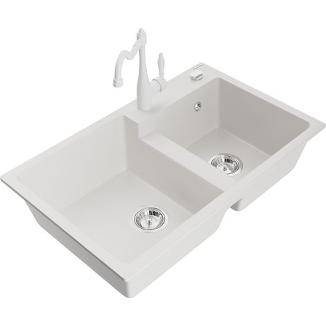 Mexen Tomas fregadero de granito de 2 senos con grifo de cocina Carla, blanco - 6516-20-670700-20