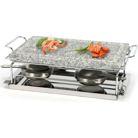 Griglia da tavolo in pietra ollare 37x19x9,5 cm con 2 fornellini in Acciaio - Grill Pietra Naturale con scanalature anti goccia per cottura carne e pe (1/5)