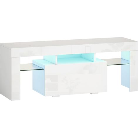 Meuble téléviseur avec éclairage LED RGB, finition brillante, étagères en verre trempé, 120x34x45cm, blanc (1/5)