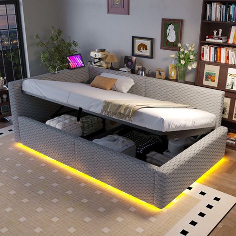 Lit capitonné 90 x 200 cm LED, lecteur cassette Tape-C, 2 USB, dossier L velours gris, sommier hydraulique – lit moderne design scandinave (1/4)