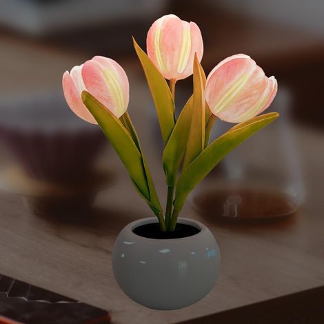 Veilleuse Tulipe avec Vase en Céramique Led Lampe de Table, Lampe de Table à Fleurs Artificielles Pour Mariage Dans le Salon Familial (Rose) (1/4)