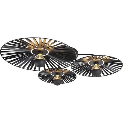 Qazqa – Plafonnier noir rustique 3 lumières Ø 106 cm – E27 3 x 40W – Hauteur 18 cm – Luminosité variable – Pour salon, chambre, cuisine, salle à manger