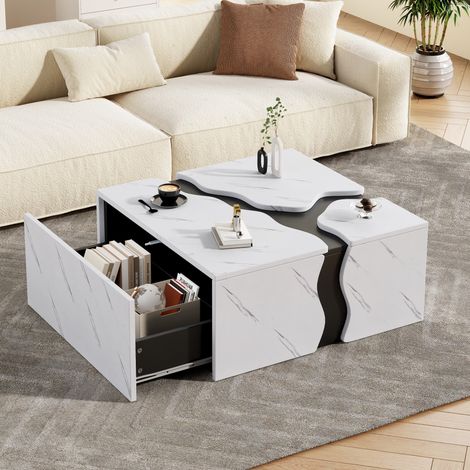 Table basse carrée - 70x70x31cm - design géométrique cubique - avec tiroir, placage marbre de forme unique - Blanc (1/5)