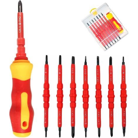 Kit de Tournevis Magnétiques 7 en 1,Tournevis d'électricien Isolé,Tournevis Interchangeable,Tournevis Tête Plats et Cruciplat, avec Bote de Rangement, Outils Electricien (1/4)