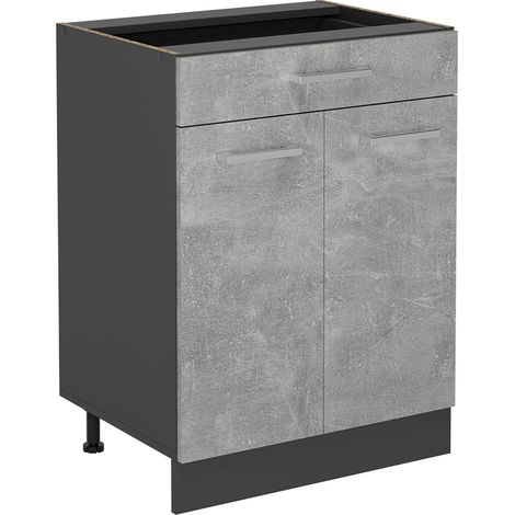 Mobiletto base per cucina R-Line, Calcestruzzo, 60 cm con cassetto, senza piano di lavoro, Vicco