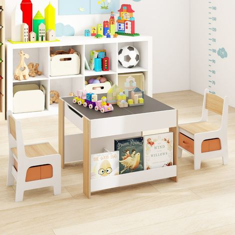 Table et Chaise Enfants 4 en 1 Table d’Activité pour Tout-Petits avec Plateaux Réversibles Double Face & Bibliothèques Latérales Naturel (1/2)